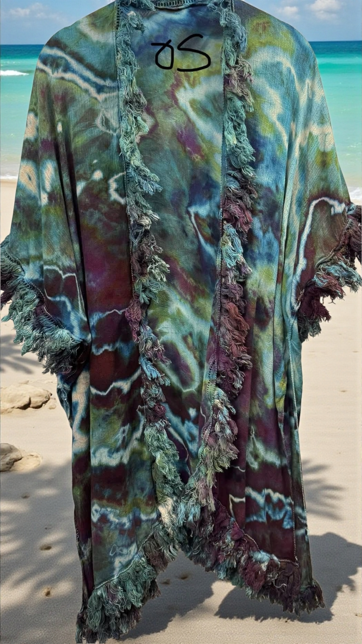 Fringed and Fabulous Kimono in burgundy/turquoise/ green