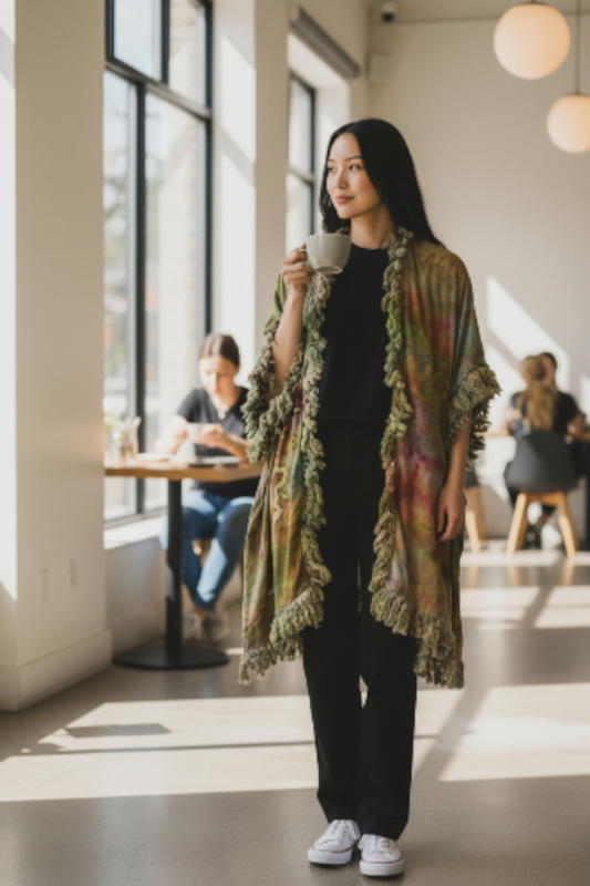 Fringed and Fabulous Kimono Avocado/Orange