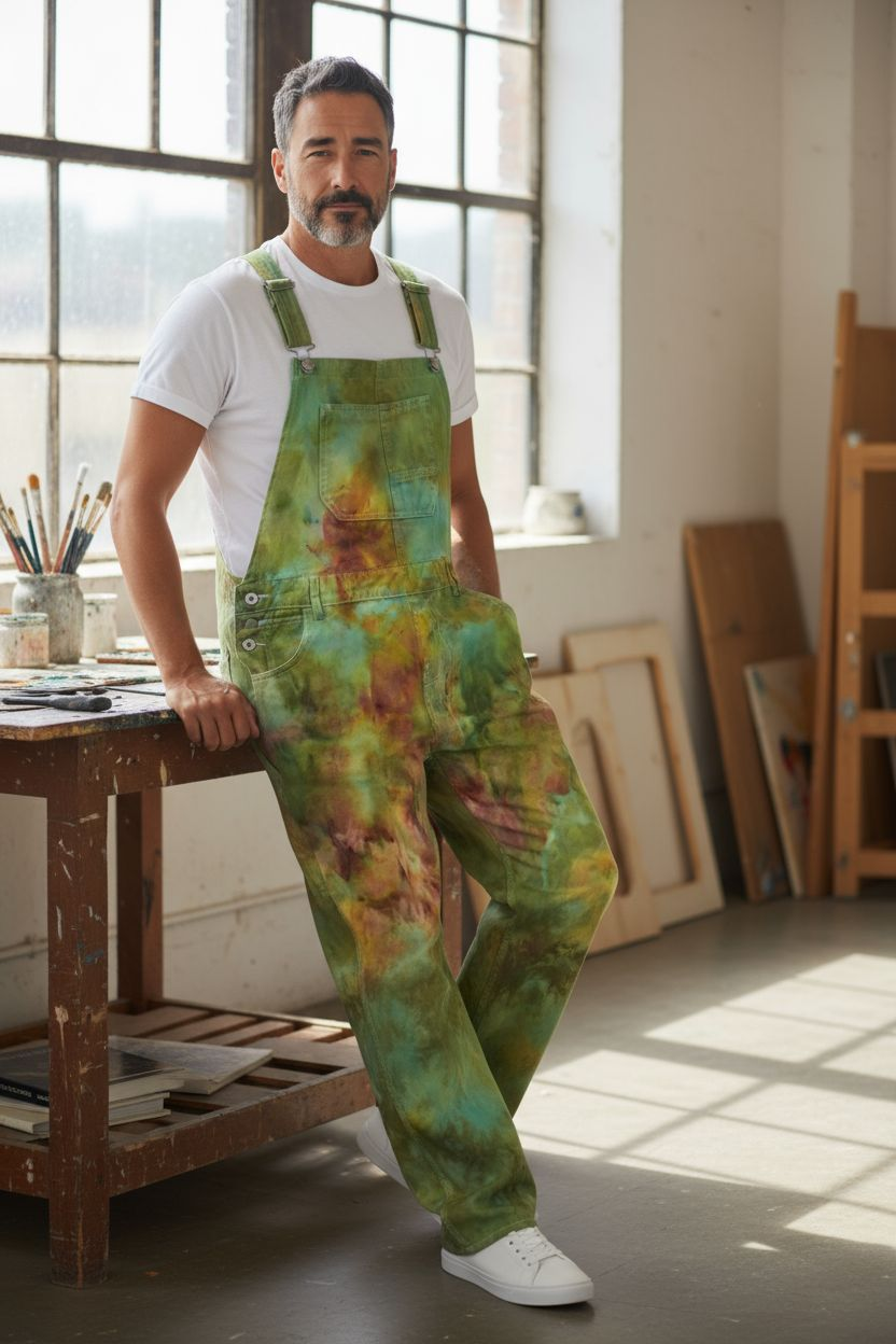 Size L Green/Orange Denim Overalls