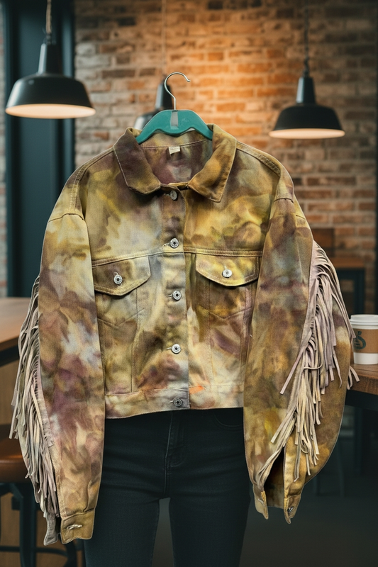 2XL Cameo Colored Fringed Denim Jacket