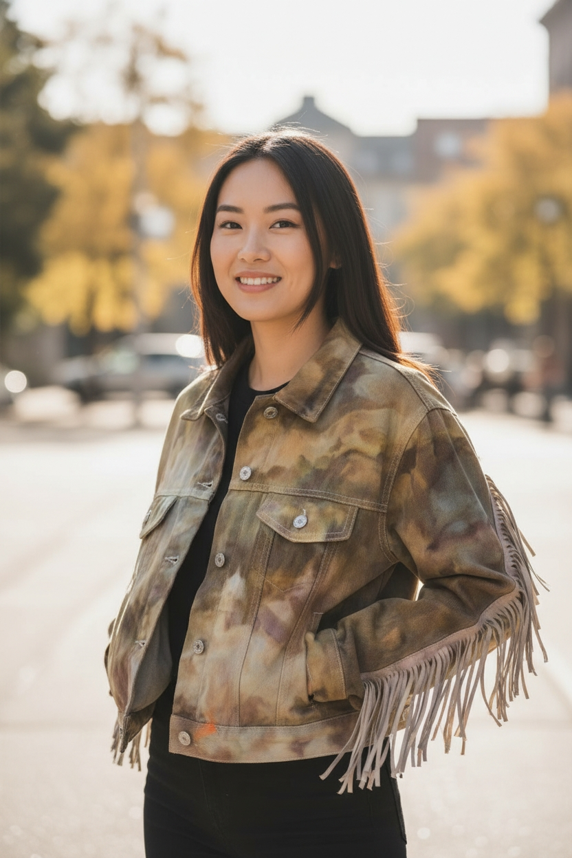 2XL Cameo Colored Fringed Denim Jacket
