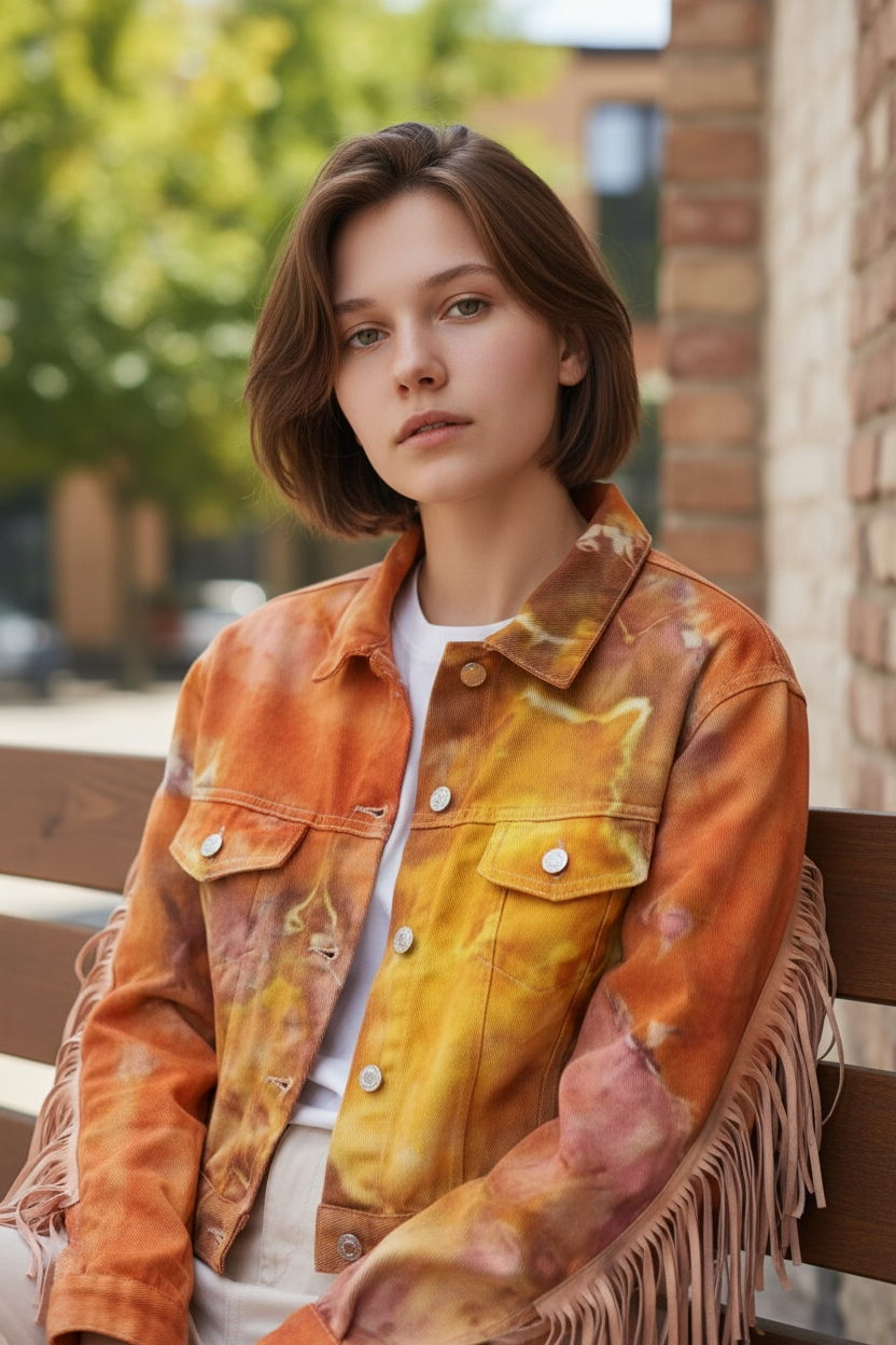 2XL Fringed Orange/Yellow Denim Jacket